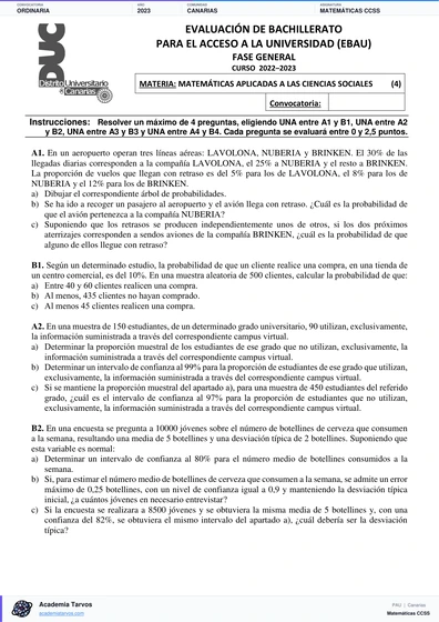 Vista previa de Examen PAU de Matemáticas CCSS de Canarias 2023 – Ordinaria