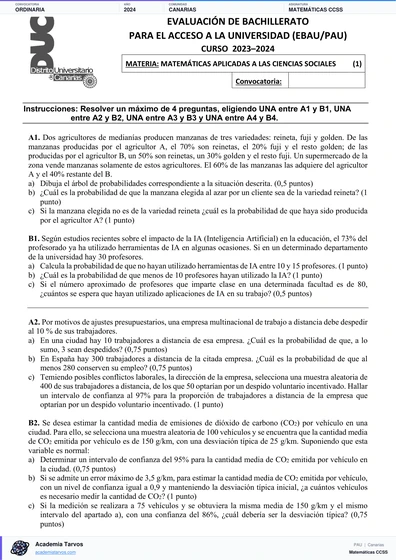 Vista previa de Examen PAU de Matemáticas CCSS de Canarias 2024 – Ordinaria