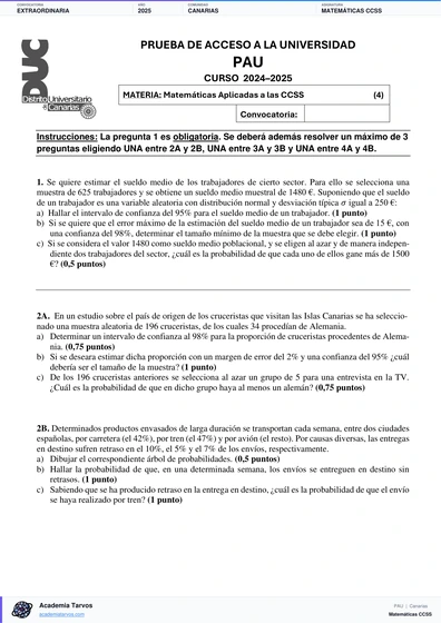 Vista previa de Examen PAU de Matemáticas CCSS de Canarias 2025 – Extraordinaria