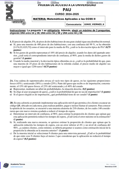 Vista previa de Examen PAU de Matemáticas CCSS de Canarias 2025 – Ordinaria