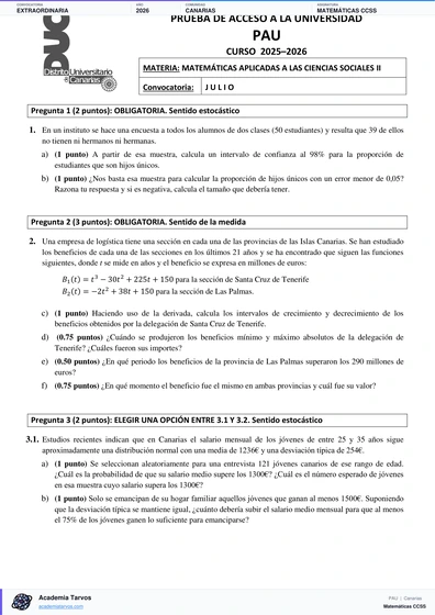 Vista previa de Examen PAU de Matemáticas CCSS de Canarias 2026 – Extraordinaria