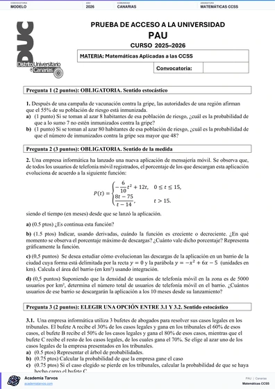 Vista previa de Modelo PAU de Matemáticas CCSS de Canarias 2026