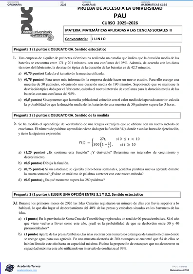 Vista previa de Examen PAU de Matemáticas CCSS de Canarias 2026 – Ordinaria