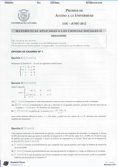 Vista previa de Examen PAU de Matemáticas CCSS de Cantabria 2012 – Ordinaria