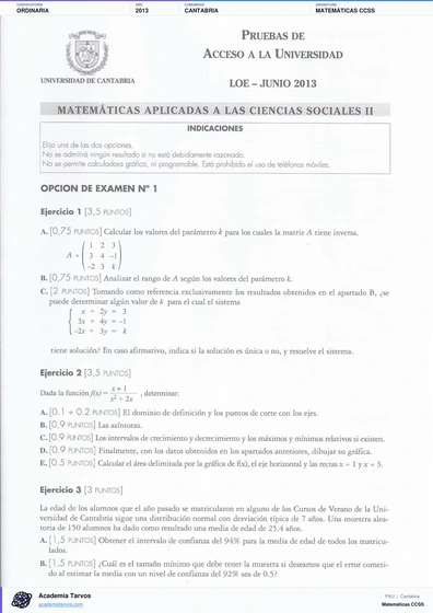 Vista previa de Examen PAU de Matemáticas CCSS de Cantabria 2013 – Ordinaria