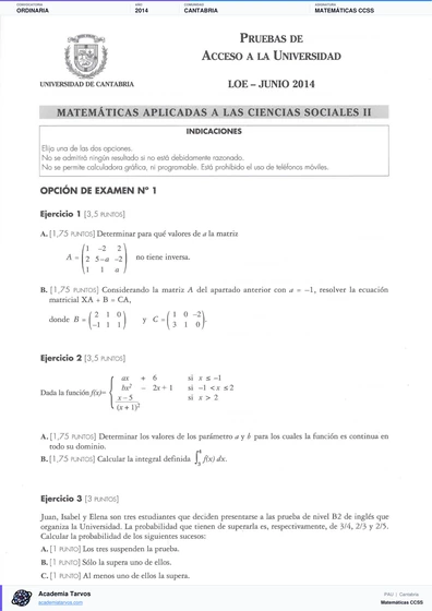 Vista previa de Examen PAU de Matemáticas CCSS de Cantabria 2014 – Ordinaria