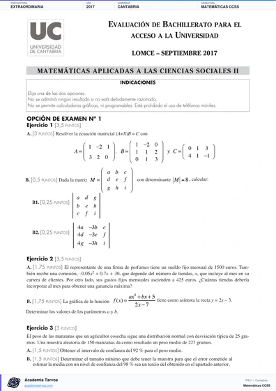 Vista previa de Examen PAU de Matemáticas CCSS de Cantabria 2017 – Extraordinaria