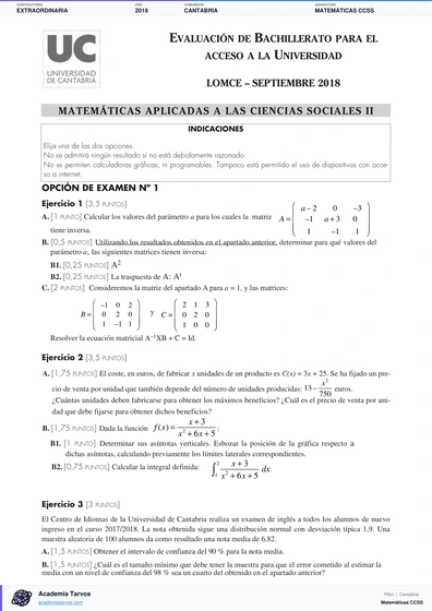 Vista previa de Examen PAU de Matemáticas CCSS de Cantabria 2018 – Extraordinaria