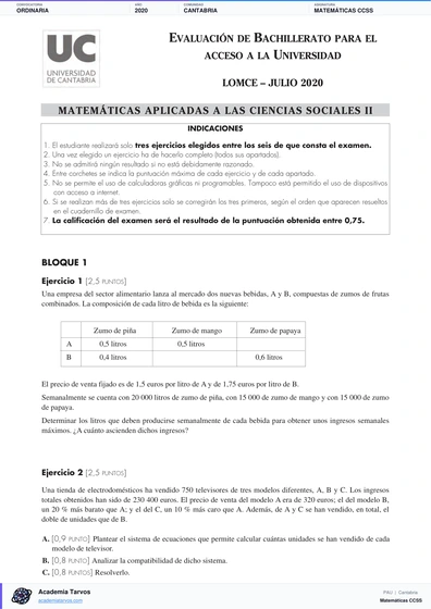 Vista previa de Examen PAU de Matemáticas CCSS de Cantabria 2020 – Ordinaria