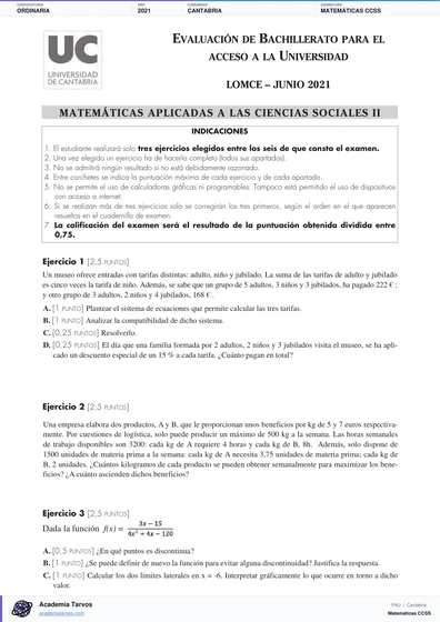 Vista previa de Examen PAU de Matemáticas CCSS de Cantabria 2021 – Ordinaria