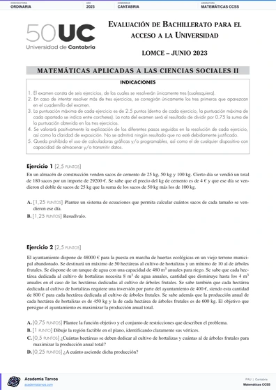 Vista previa de Examen PAU de Matemáticas CCSS de Cantabria 2023 – Ordinaria