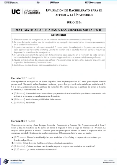 Vista previa de Examen PAU de Matemáticas CCSS de Cantabria 2024 – Extraordinaria