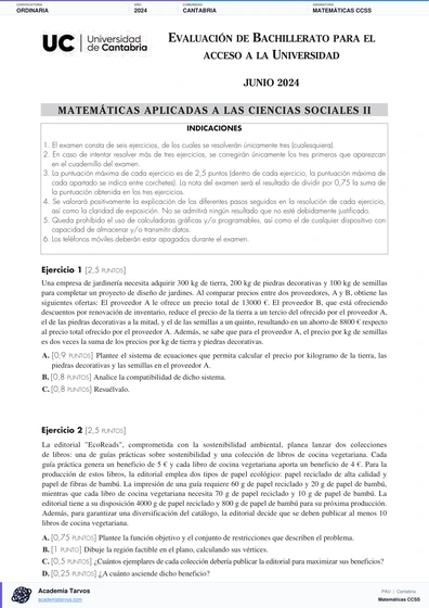 Vista previa de Examen PAU de Matemáticas CCSS de Cantabria 2024 – Ordinaria
