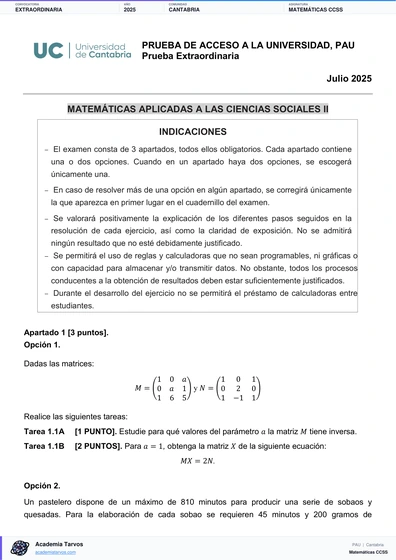 Vista previa de Examen PAU de Matemáticas CCSS de Cantabria 2025 – Extraordinaria