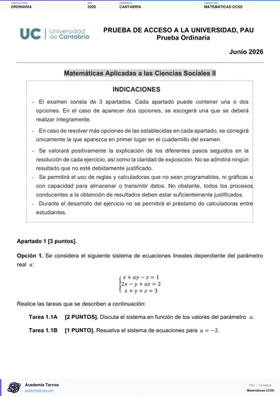 Vista previa de Examen PAU de Matemáticas CCSS de Cantabria 2026 – Ordinaria