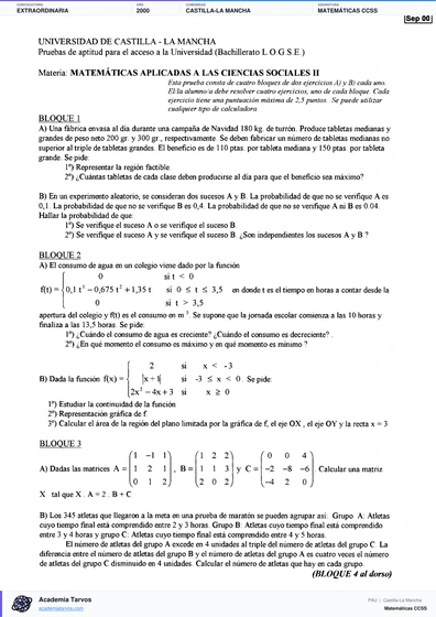 Vista previa de Examen PAU de Matemáticas CCSS de Castilla-La Mancha 2000 – Extraordinaria