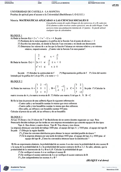 Vista previa de Examen PAU de Matemáticas CCSS de Castilla-La Mancha 2000 – Ordinaria