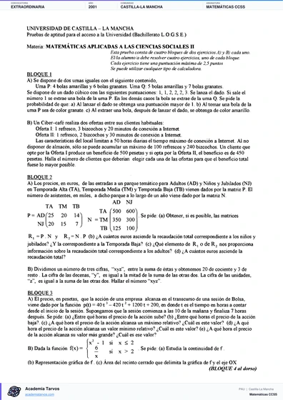 Vista previa de Examen PAU de Matemáticas CCSS de Castilla-La Mancha 2001 – Extraordinaria