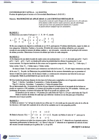 Vista previa de Examen PAU de Matemáticas CCSS de Castilla-La Mancha 2001 – Ordinaria