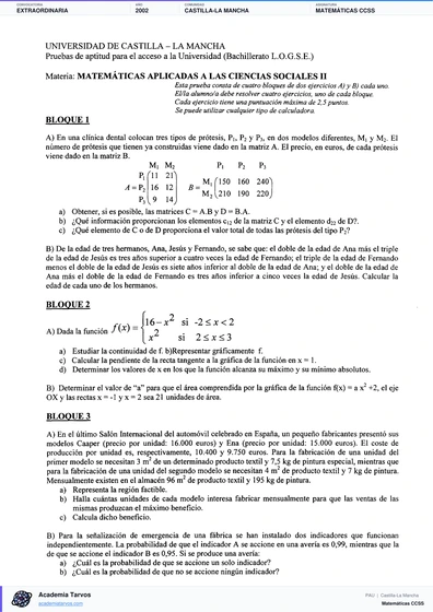 Vista previa de Examen PAU de Matemáticas CCSS de Castilla-La Mancha 2002 – Extraordinaria
