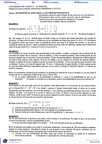 Vista previa de Examen PAU de Matemáticas CCSS de Castilla-La Mancha 2003 – Extraordinaria