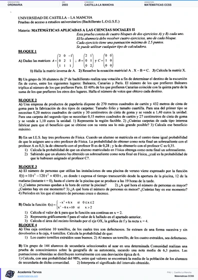 Vista previa de Examen PAU de Matemáticas CCSS de Castilla-La Mancha 2003 – Ordinaria