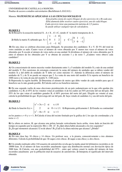 Vista previa de Examen PAU de Matemáticas CCSS de Castilla-La Mancha 2004 – Extraordinaria