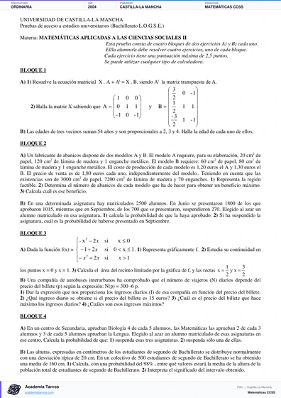 Vista previa de Examen PAU de Matemáticas CCSS de Castilla-La Mancha 2004 – Ordinaria