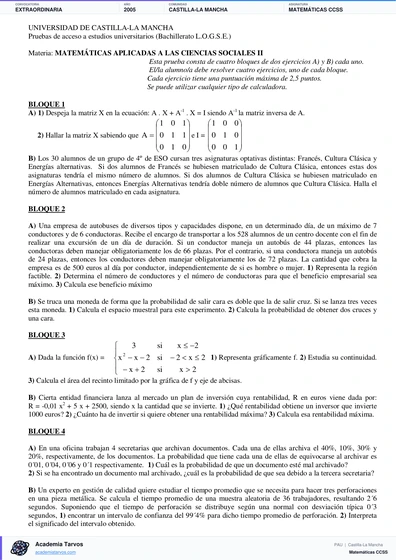 Vista previa de Examen PAU de Matemáticas CCSS de Castilla-La Mancha 2005 – Extraordinaria