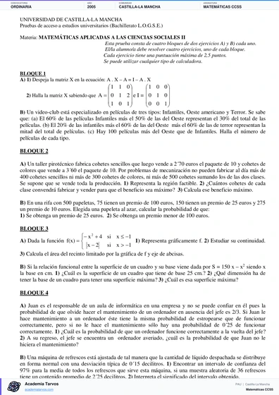 Vista previa de Examen PAU de Matemáticas CCSS de Castilla-La Mancha 2005 – Ordinaria