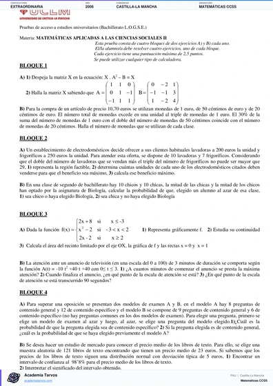 Vista previa de Examen PAU de Matemáticas CCSS de Castilla-La Mancha 2006 – Extraordinaria