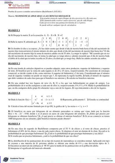 Vista previa de Examen PAU de Matemáticas CCSS de Castilla-La Mancha 2006 – Ordinaria