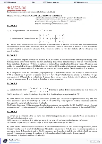 Vista previa de Examen PAU de Matemáticas CCSS de Castilla-La Mancha 2007 – Extraordinaria