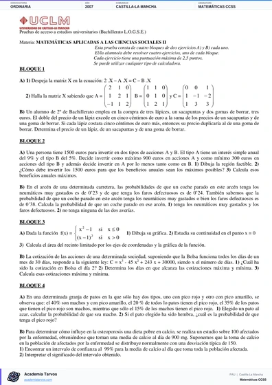 Vista previa de Examen PAU de Matemáticas CCSS de Castilla-La Mancha 2007 – Ordinaria
