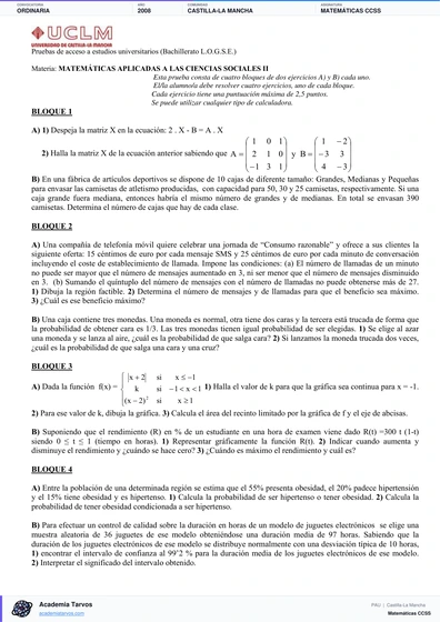 Vista previa de Examen PAU de Matemáticas CCSS de Castilla-La Mancha 2008 – Ordinaria
