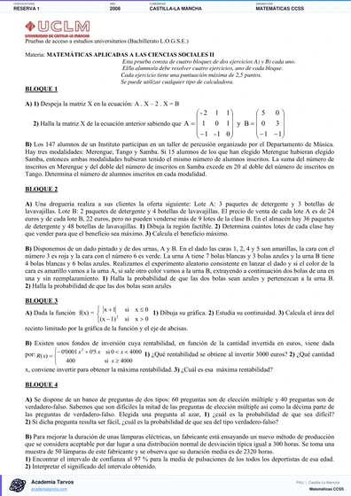 Vista previa de Examen PAU de Matemáticas CCSS de Castilla-La Mancha 2008 – Reserva 1