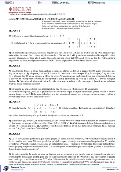 Vista previa de Examen PAU de Matemáticas CCSS de Castilla-La Mancha 2008 – Reserva 2