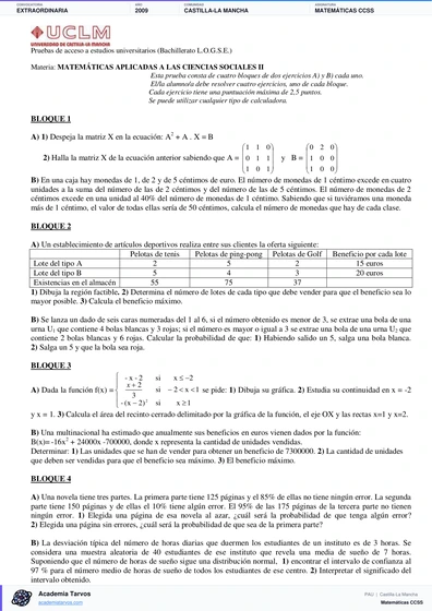 Vista previa de Examen PAU de Matemáticas CCSS de Castilla-La Mancha 2009 – Extraordinaria