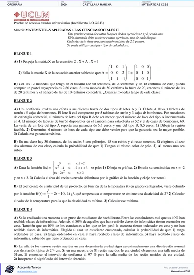 Vista previa de Examen PAU de Matemáticas CCSS de Castilla-La Mancha 2009 – Ordinaria