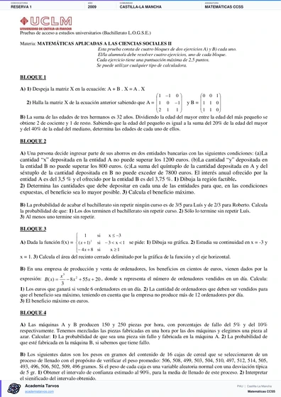 Vista previa de Examen PAU de Matemáticas CCSS de Castilla-La Mancha 2009 – Reserva 1