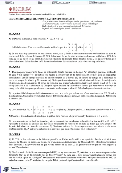 Vista previa de Examen PAU de Matemáticas CCSS de Castilla-La Mancha 2009 – Reserva 2