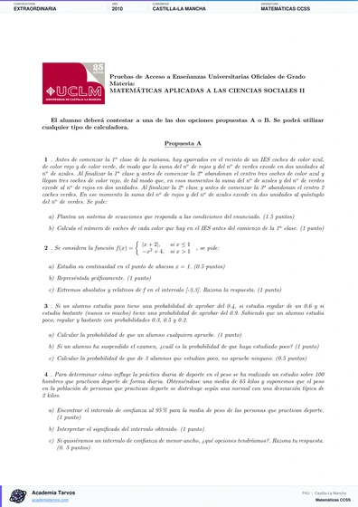 Vista previa de Examen PAU de Matemáticas CCSS de Castilla-La Mancha 2010 – Extraordinaria