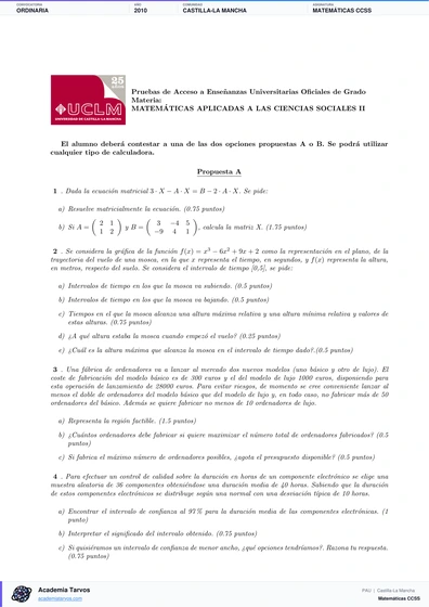 Vista previa de Examen PAU de Matemáticas CCSS de Castilla-La Mancha 2010 – Ordinaria