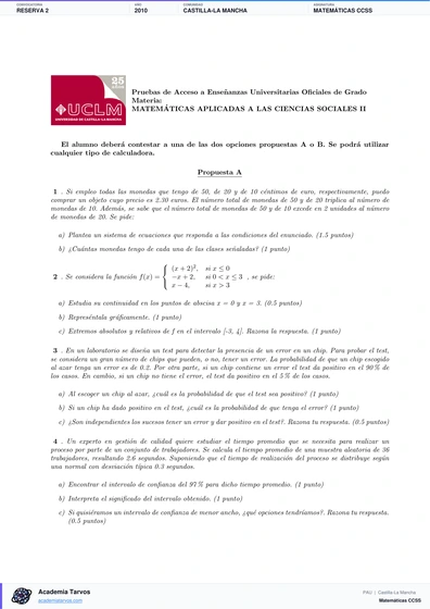 Vista previa de Examen PAU de Matemáticas CCSS de Castilla-La Mancha 2010 – Reserva 2