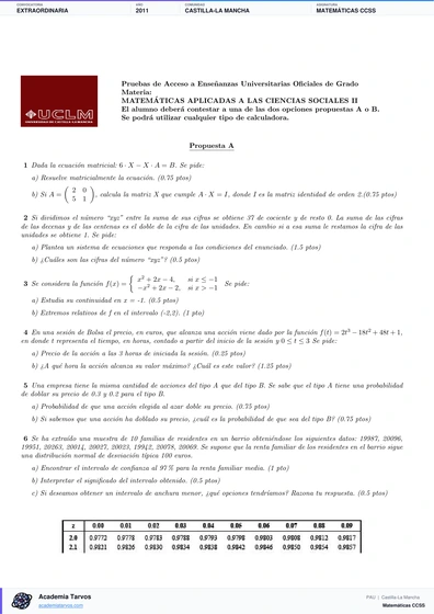 Vista previa de Examen PAU de Matemáticas CCSS de Castilla-La Mancha 2011 – Extraordinaria