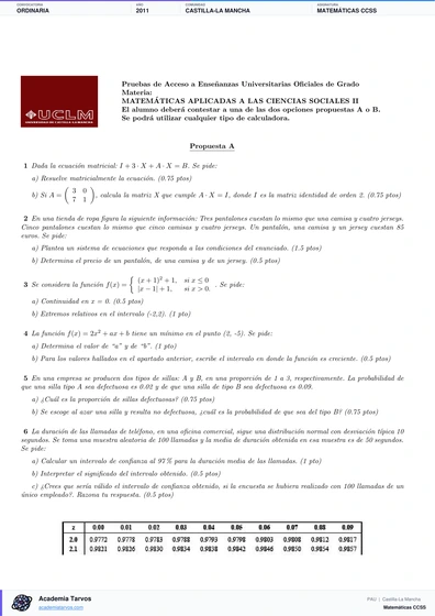 Vista previa de Examen PAU de Matemáticas CCSS de Castilla-La Mancha 2011 – Ordinaria