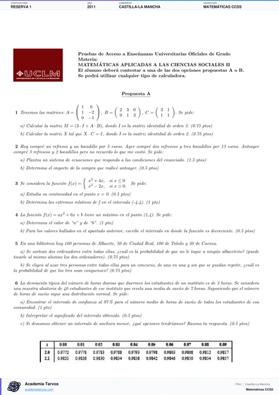 Vista previa de Examen PAU de Matemáticas CCSS de Castilla-La Mancha 2011 – Reserva 1