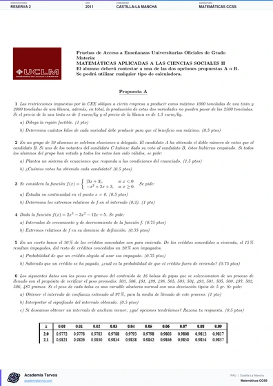 Vista previa de Examen PAU de Matemáticas CCSS de Castilla-La Mancha 2011 – Reserva 2
