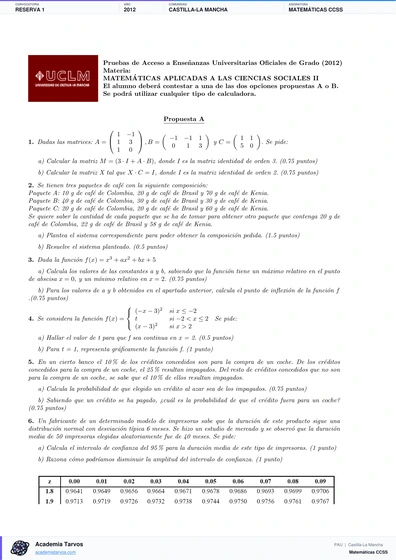 Vista previa de Examen PAU de Matemáticas CCSS de Castilla-La Mancha 2012 – Reserva 1