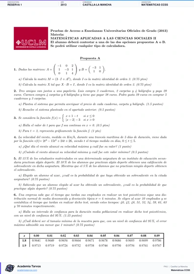 Vista previa de Examen PAU de Matemáticas CCSS de Castilla-La Mancha 2013 – Reserva 1
